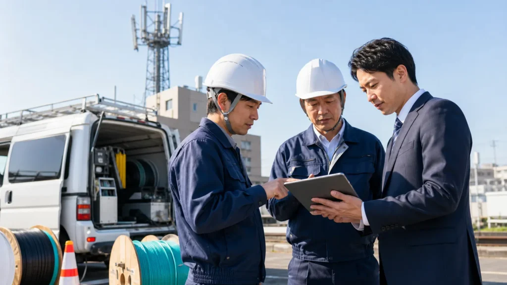 基地局と光回線工事の現場で施工責任者とM&Aアドバイザーが資料を確認する様子