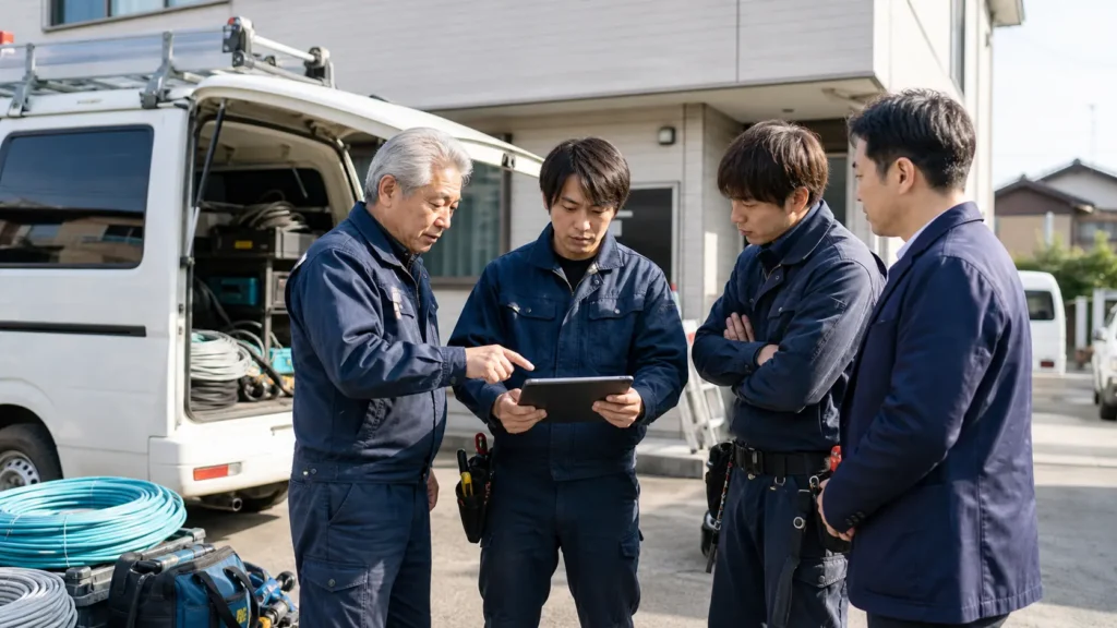 地場LAN・弱電工事会社の経営者と施工班が作業車の前で承継条件を確認する様子