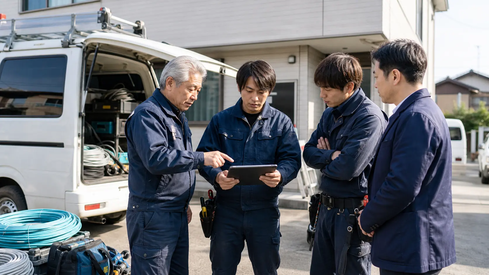 地場LAN・弱電工事会社の経営者と施工班が作業車の前で承継条件を確認する様子