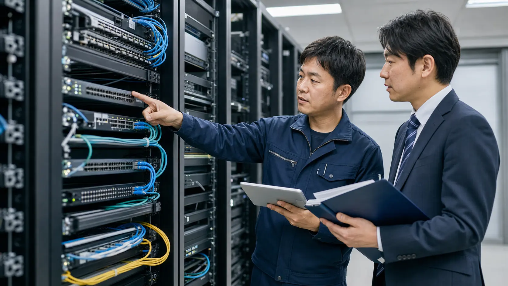 ネットワークラックの前で保守会社とITインフラ企業が承継資料を確認する様子