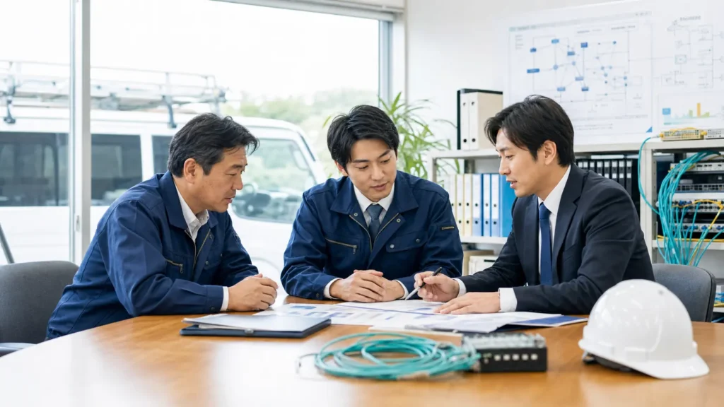 地域の通信工事会社の経営者とM&Aアドバイザーが現場資料を確認する様子