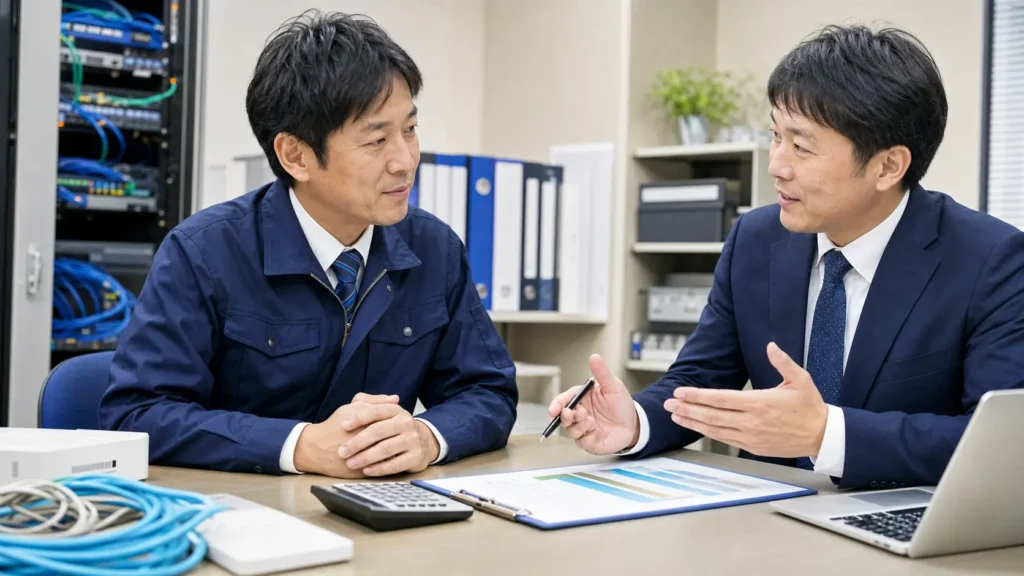 電気通信工事会社の経営者が譲渡企業様の手数料0円のM&A相談をする様子