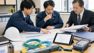 電気通信工事会社の資格者・許認可・施工資料を確認する打ち合わせ風景