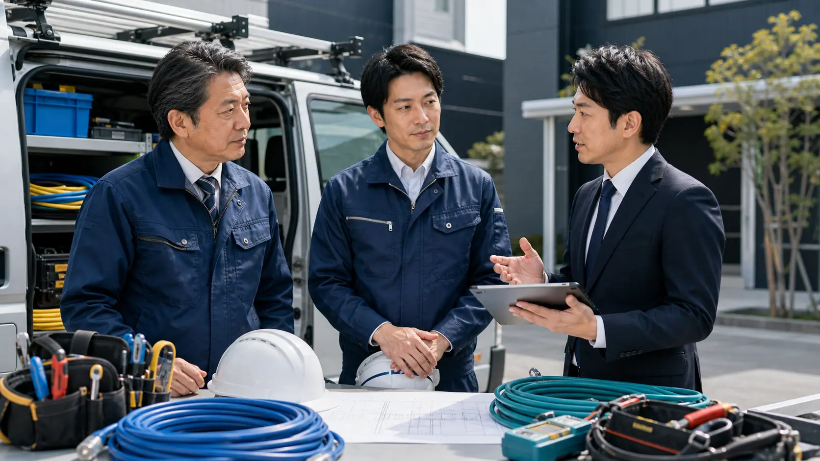 電気通信工事の現場で作業員と相談員が施工内容を確認する様子