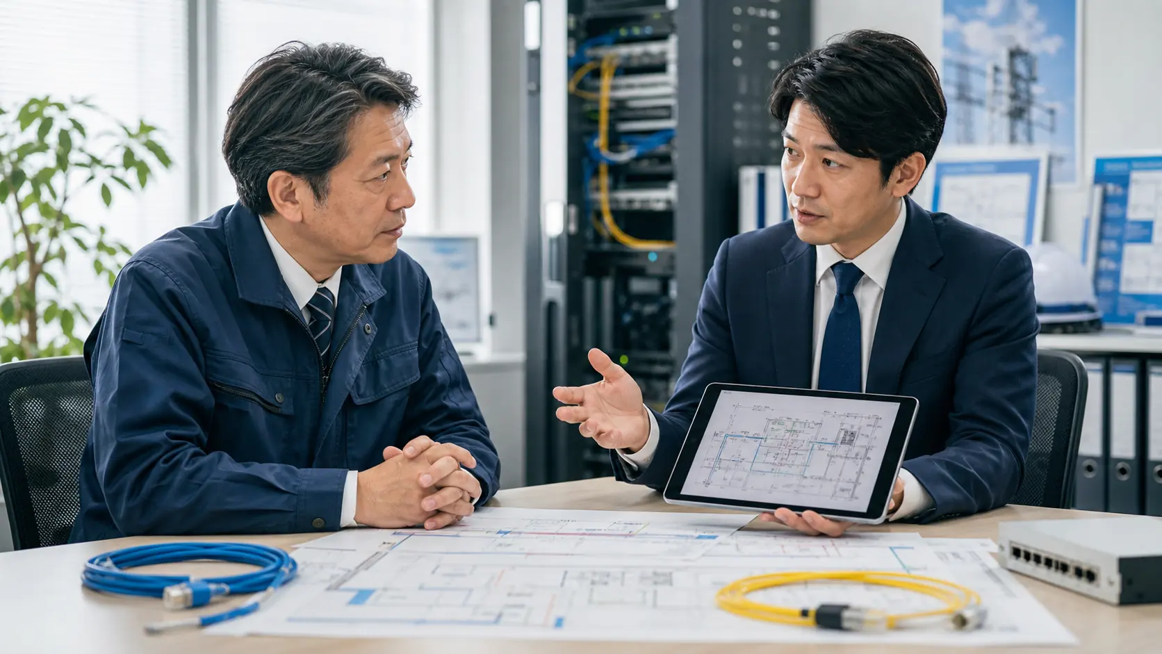 電気通信工事会社の経営者と相談員が図面を確認している様子