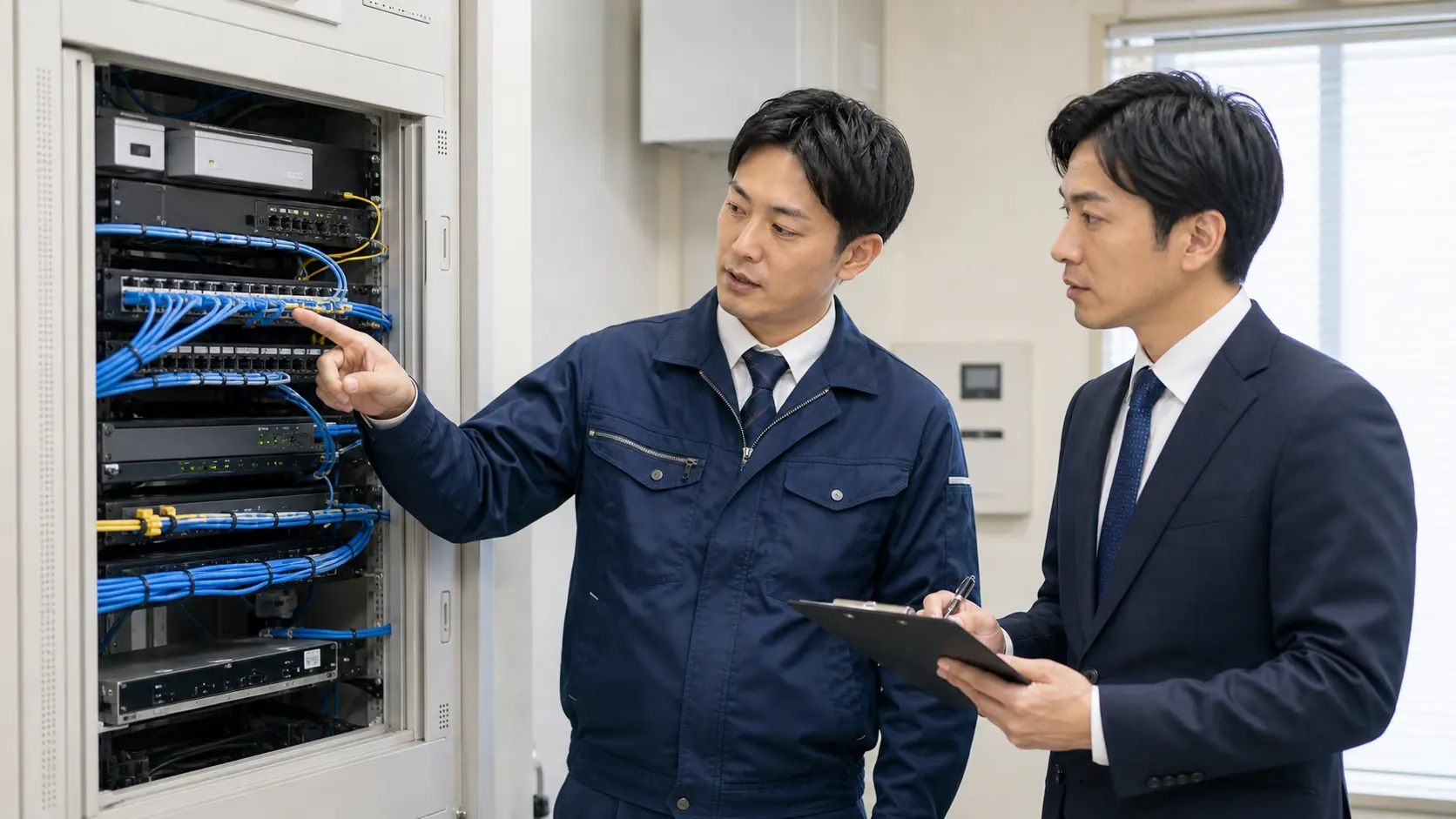 ネットワーク機器盤の前で配線と保守内容を確認する様子