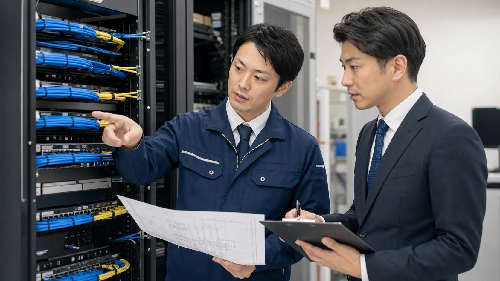 通信設備の現地確認で資料と現場を照合している様子